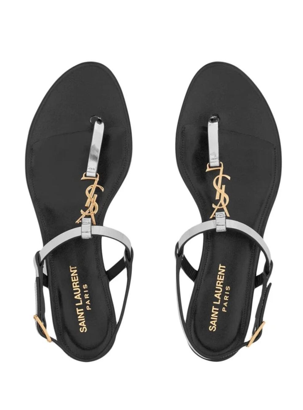 Saint Laurent Cassandra Patent Leather YSL Logo Thong Sandals Silver Black 36.5